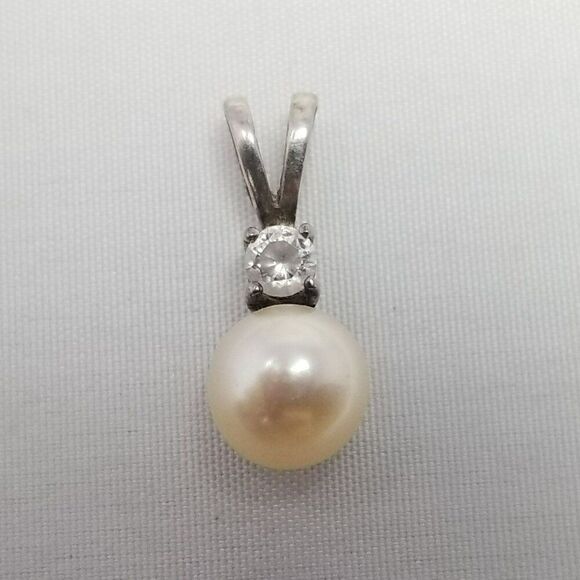Vintage Avon Sterling Silver Faux Pearl Pendant, Rhinestone, Small, Signed - Picture 2 of 9